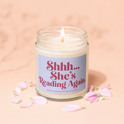 Scented candle in a jar with text "Shhh... She's Reading Again".