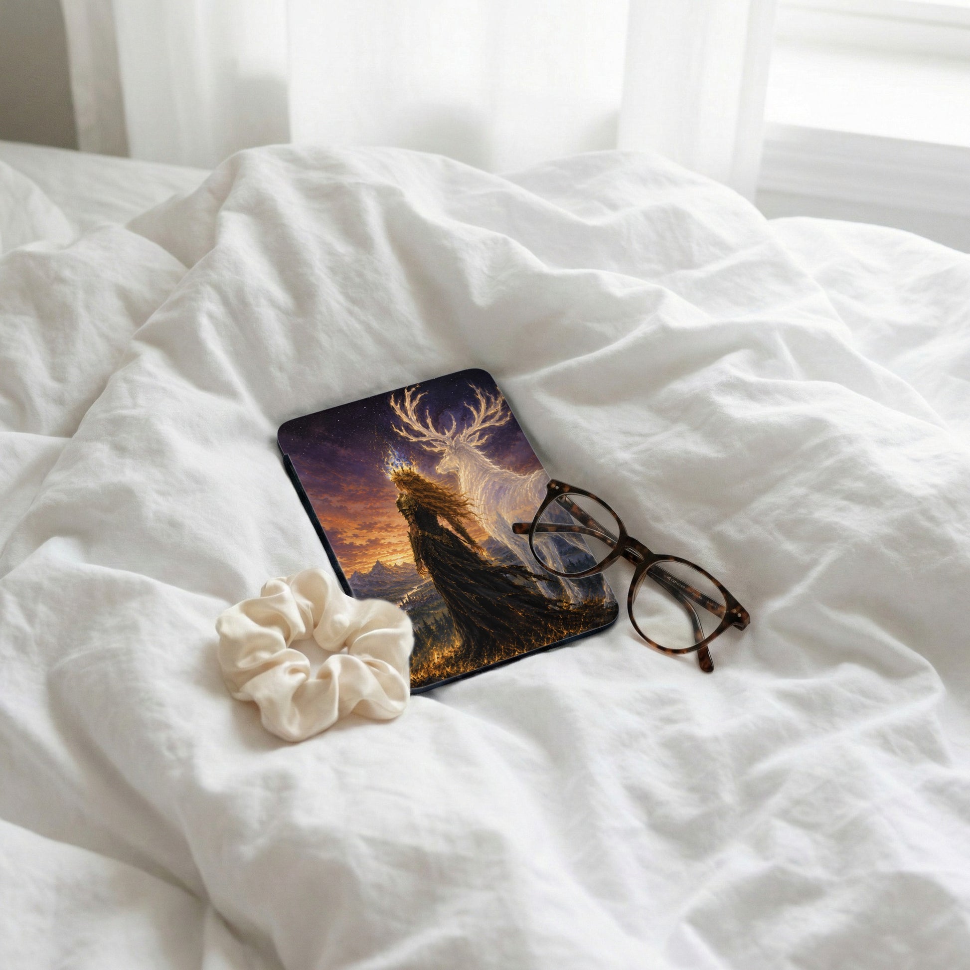 Case with queen and stag against starry sky next to glasses.
