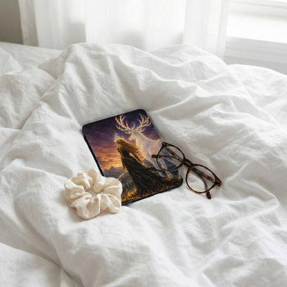 Case with queen and stag against starry sky next to glasses.