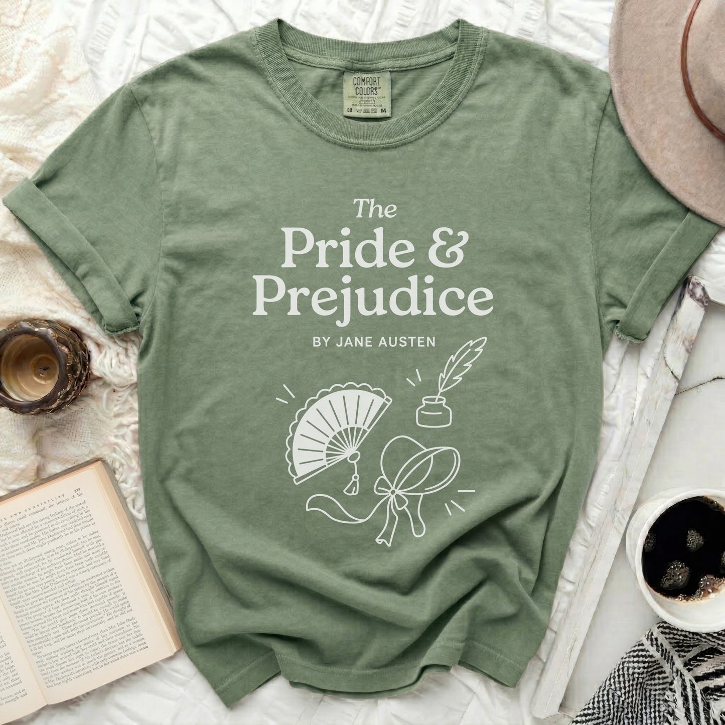 Green t-shirt with "The Pride & Prejudice by Jane Austen" and literary illustrations.