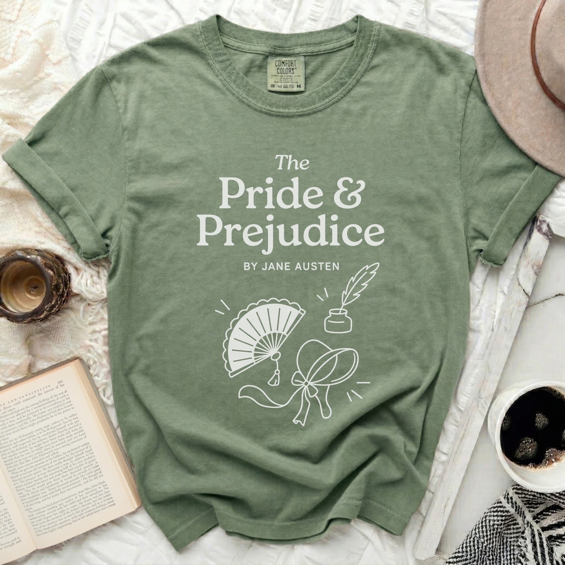 Green t-shirt with "The Pride & Prejudice by Jane Austen" and literary illustrations.