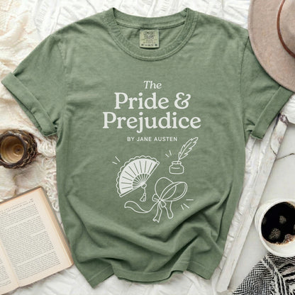 Green t-shirt with "The Pride & Prejudice by Jane Austen" and literary illustrations.