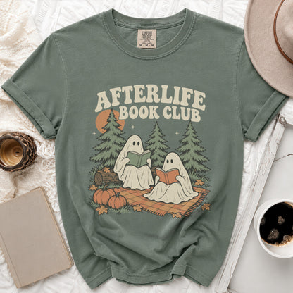 Green t-shirt with "Afterlife Book Club" text and two ghosts reading books.