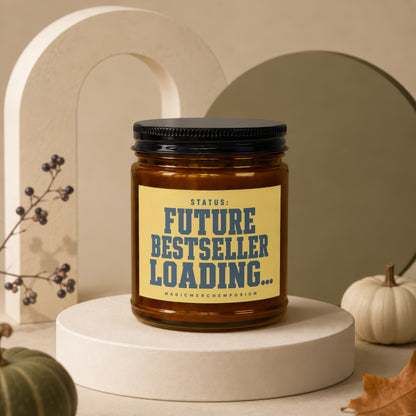 Amber jar candle with "FUTURE BESTSELLER LOADING..." text.