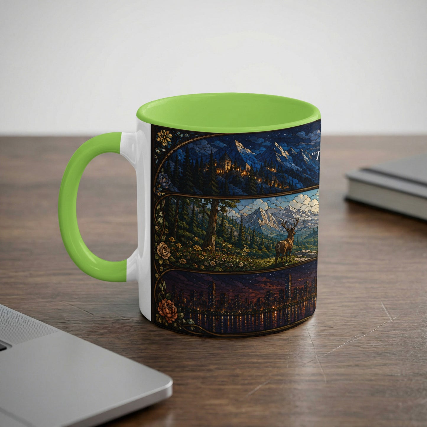 Mug with green handle featuring three stained-glass style panels of nature and city scenes.