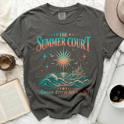 Dark grey t-shirt with "The Summer Court Adriata City of Sun and Sea" graphic.