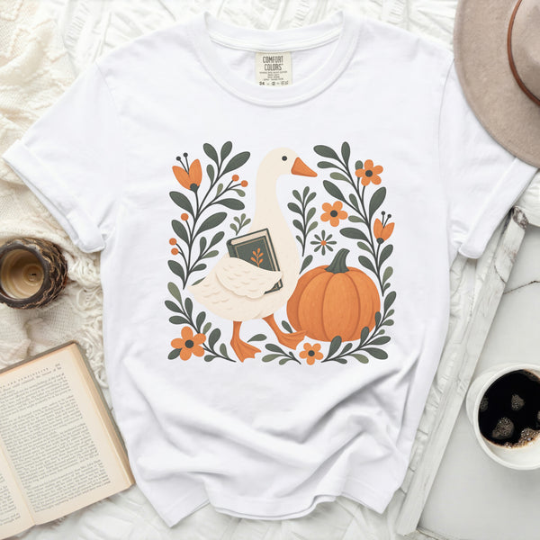 Autumn Bookish Goose Tee in White