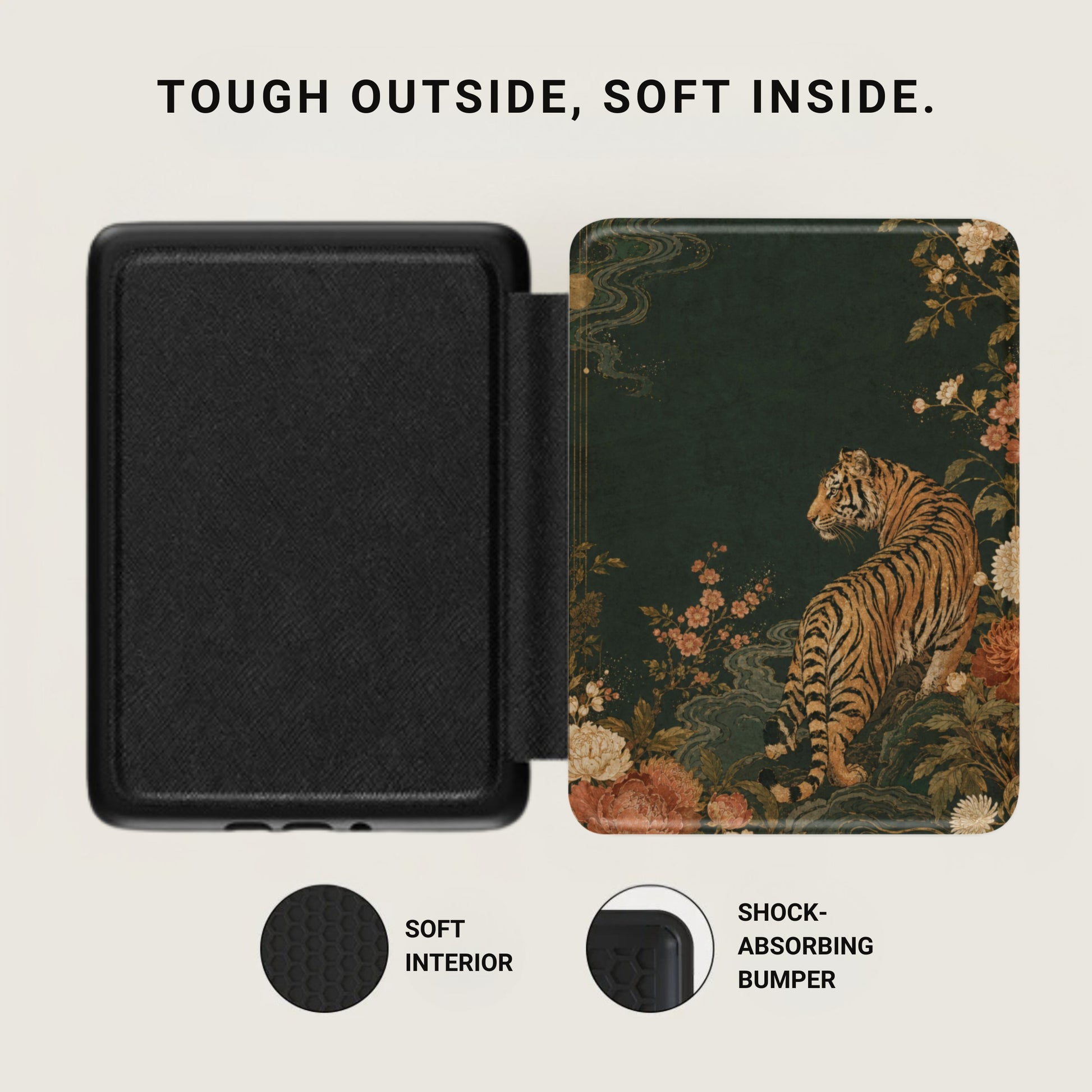 Black case with tiger and floral design, showing soft interior and shock-absorbing bumper.
