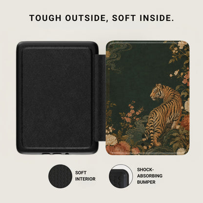 Black case with tiger and floral design, showing soft interior and shock-absorbing bumper.