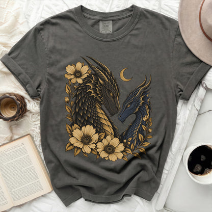 Dark gray t-shirt with two dragons and yellow flowers design.