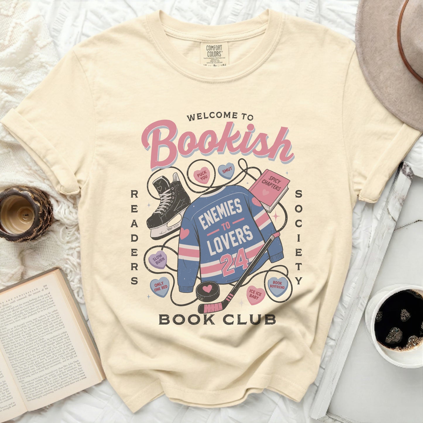 "Bookish Readers Book Club" graphic t-shirt with reading and romance themed icons.