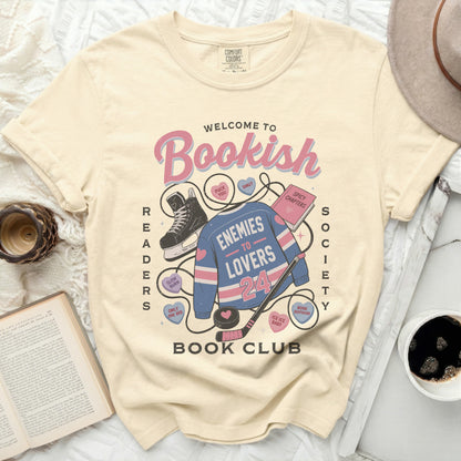 "Bookish Readers Book Club" graphic t-shirt with reading and romance themed icons.
