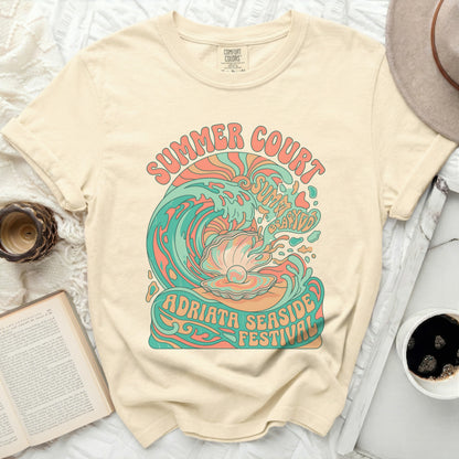 Cream t-shirt with "Summer Court Adriata Seaside Festival" graphic.