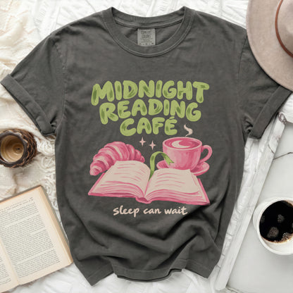 Dark grey t-shirt with "Midnight Reading Cafe" text, a croissant, and a coffee cup.