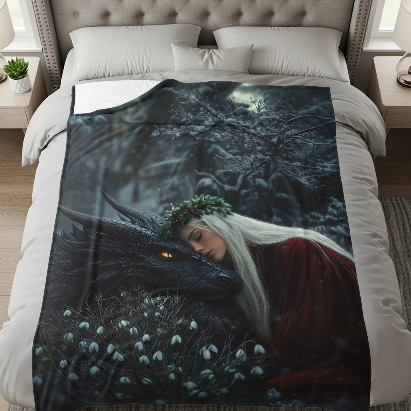 Woman Resting Beside Black Dragon on Cozy Blanket
