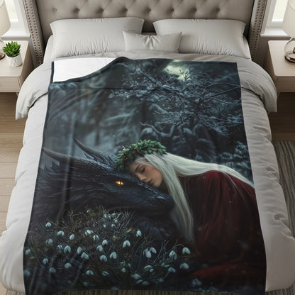 Woman Resting Beside Black Dragon on Cozy Blanket