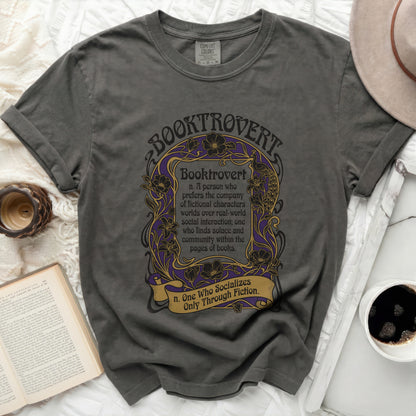 Dark grey t-shirt with "Booktrovert" definition and floral design.