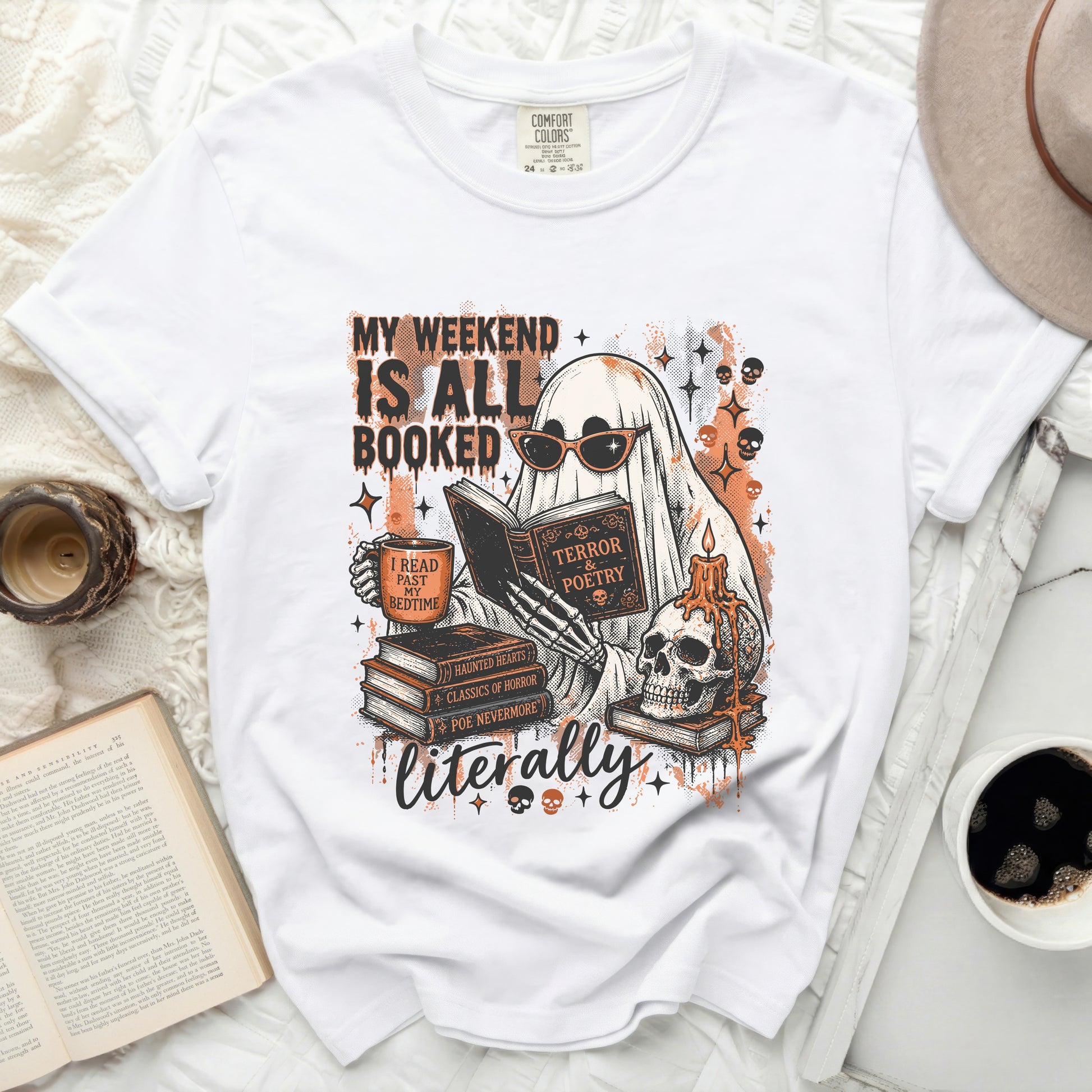 White t-shirt with ghost reading "My Weekend Is All Booked" design.