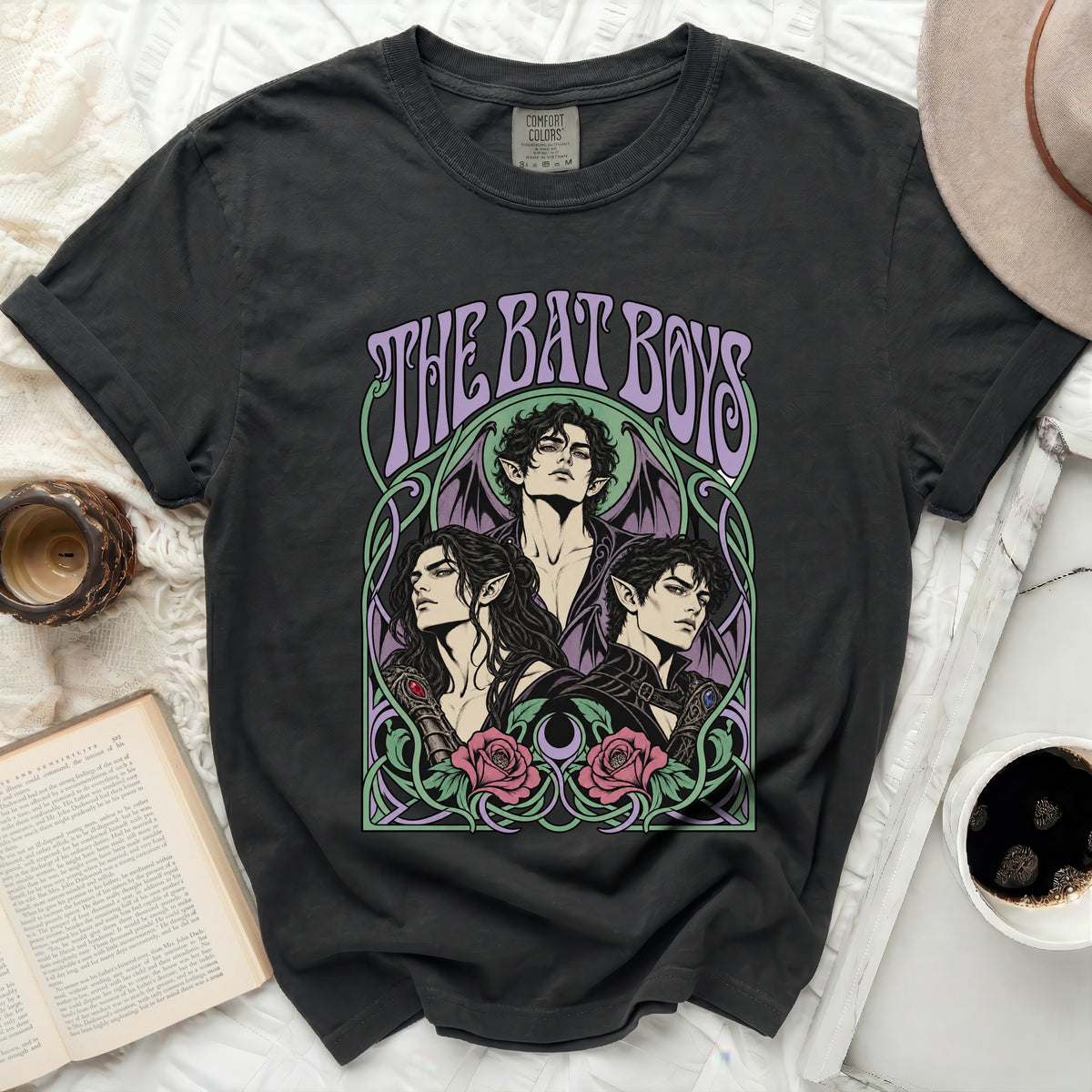 Dark t-shirt with "The Bat Boys" text and illustration of three men.