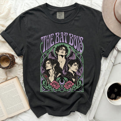Dark t-shirt with "The Bat Boys" text and illustration of three men.