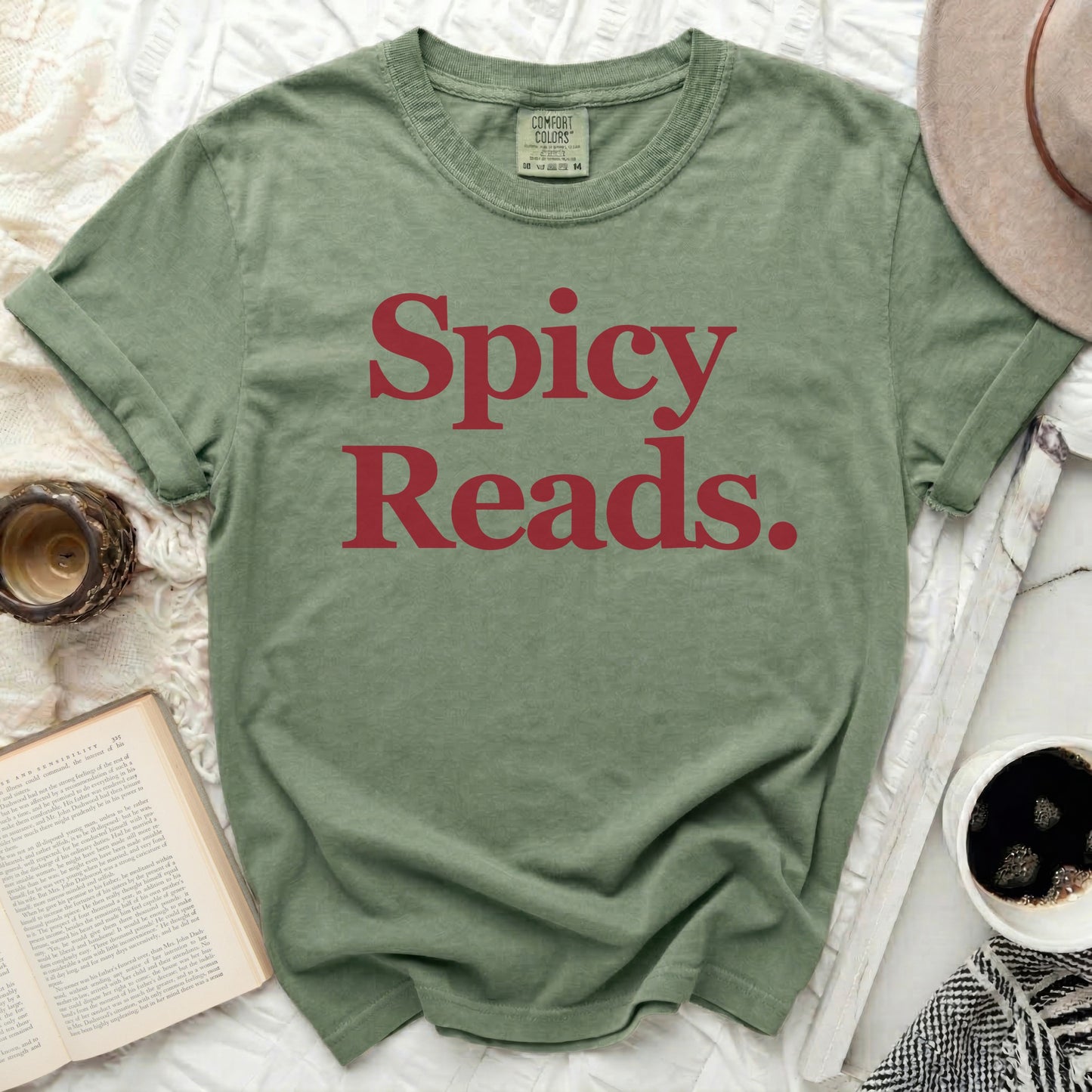 Olive green t-shirt with "Spicy Reads." in red text.