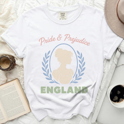 White t-shirt with "Pride & Prejudice ENGLAND" text and silhouette.