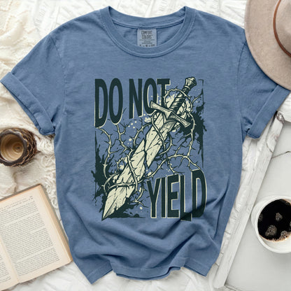 Blue t-shirt with "DO NOT YIELD" and a sword entwined in thorns graphic.