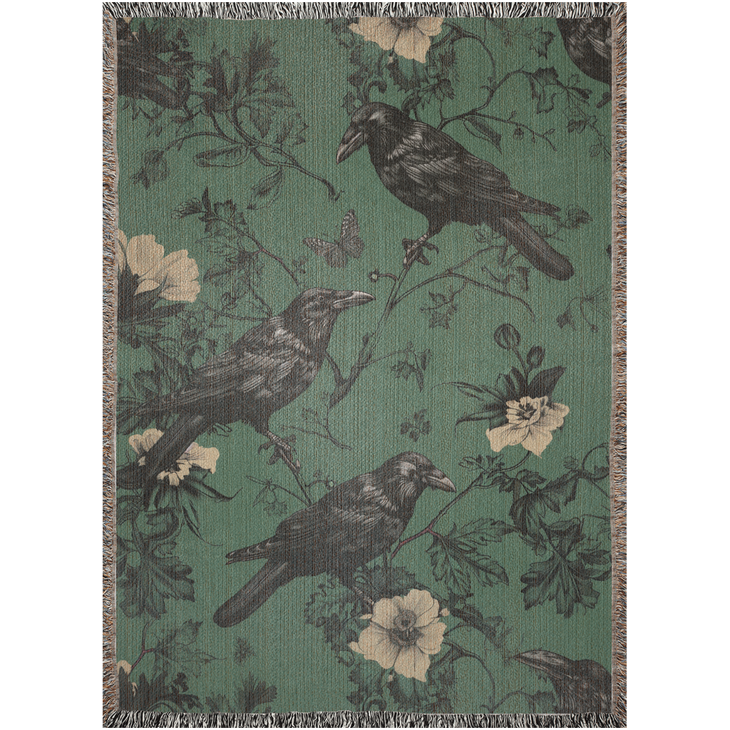 🖤 Gothic Raven & Botanical Woven Blanket