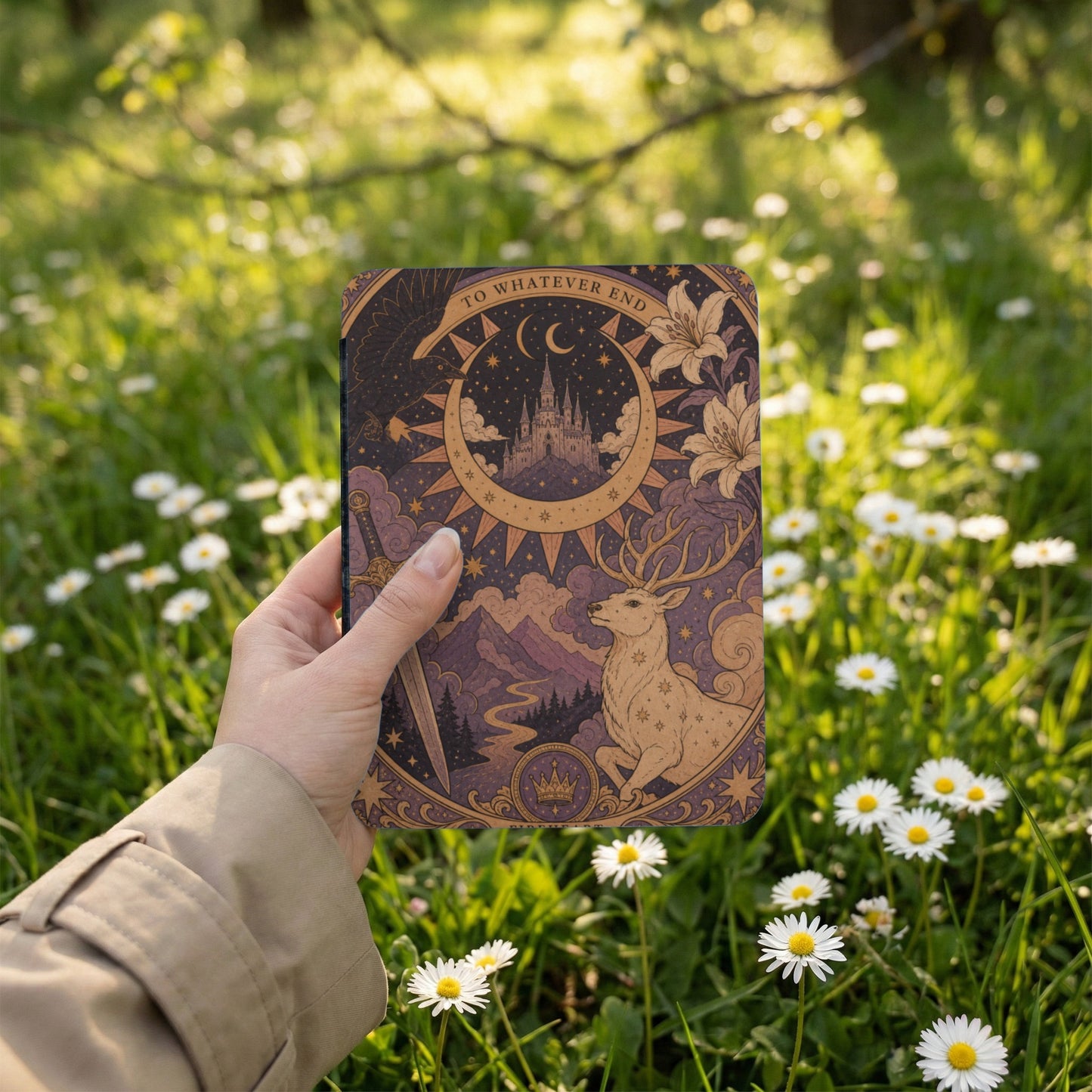 Journal cover with celestial, forest, and animal illustrations, held outdoors amongst daisies.