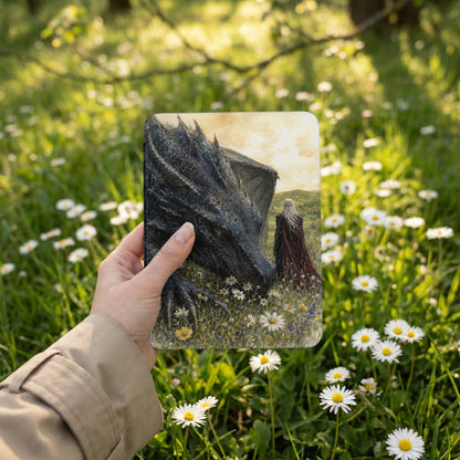 Tote bag featuring dragon and person in a field of daisies.