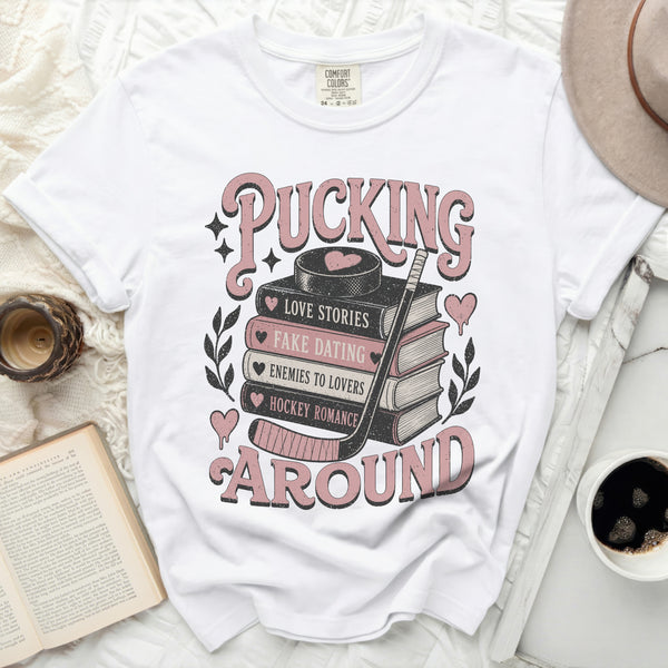 Pucking Around Hockey Romance Tee in White