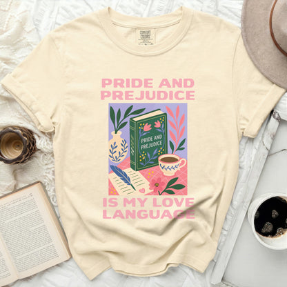 Cream t-shirt with "Pride and Prejudice is my love language" graphic.