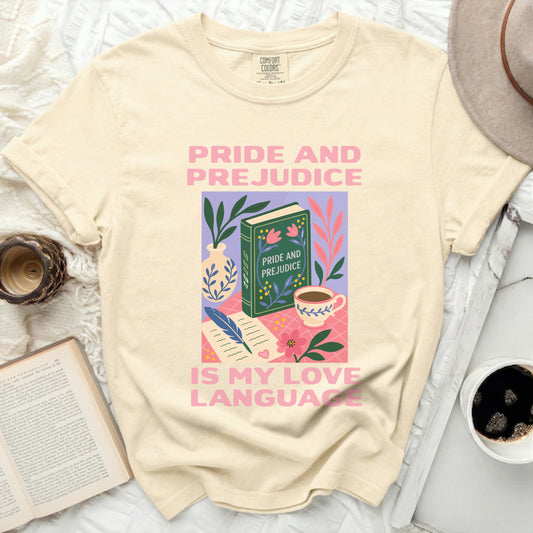 Cream t-shirt with "Pride and Prejudice is my love language" graphic.