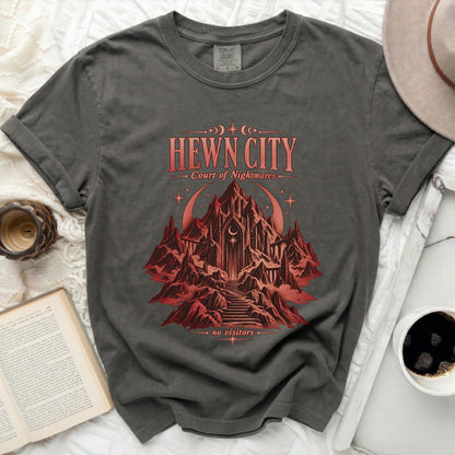 Grey t-shirt with "HEWN CITY Court of Nightmares" and a dark castle illustration.