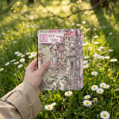 Card featuring knights, castles, swords, and reads "once upon a time."