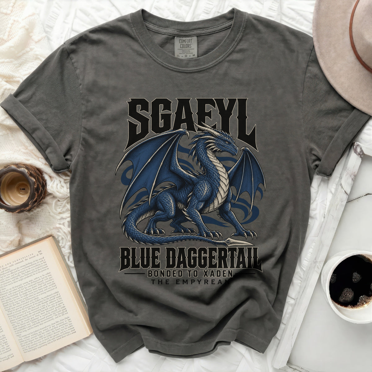 Grey t-shirt with a blue dragon design and text "SGAEYL BLUE DAGGERTAIL BONDED TO XADEN THE EMPYREA".