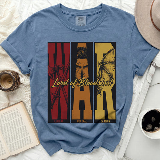 Blue t-shirt with "Lord of Bloodshed" and WAR design featuring axes, a man's face, and wings.