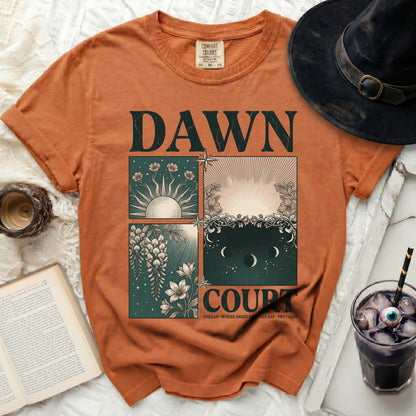 Orange t-shirt with "Dawn Court" and celestial graphics.