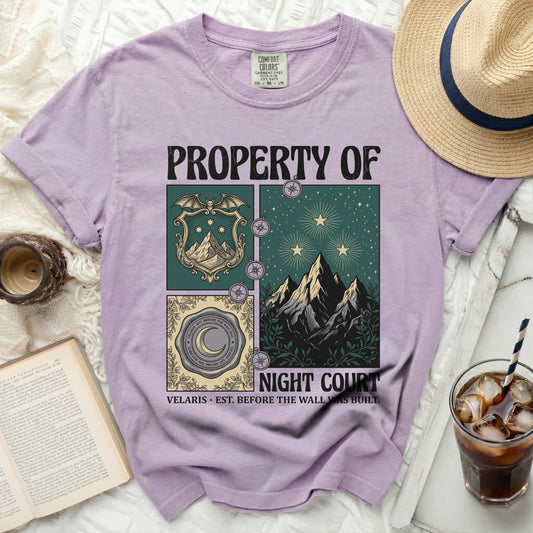Purple t-shirt with "PROPERTY OF NIGHT COURT" text and celestial mountain graphics.