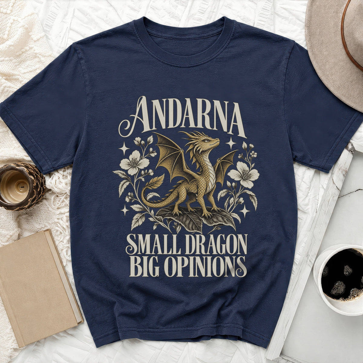 Navy t-shirt with a dragon graphic and text "ANDARNA SMALL DRAGON BIG OPINIONS".