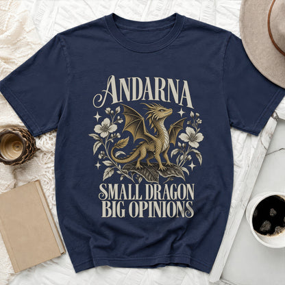 Navy t-shirt with a dragon graphic and text "ANDARNA SMALL DRAGON BIG OPINIONS".