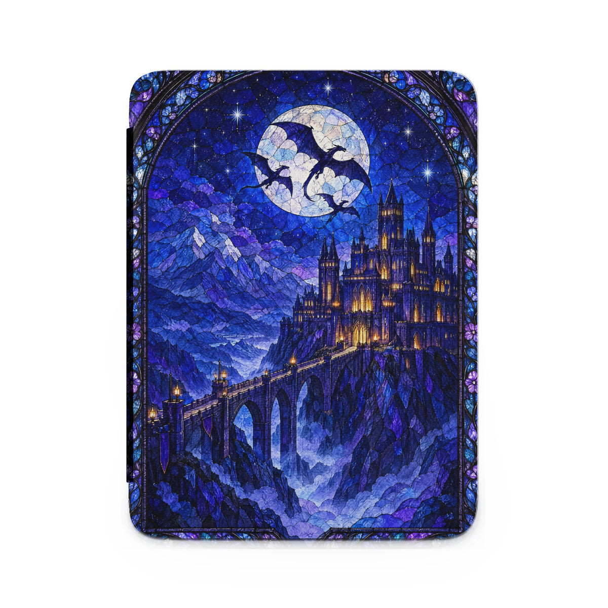 A dark blue tablet case featuring a stained-glass style design of a castle, bridge, mountains, and flying dragons under a full moon.