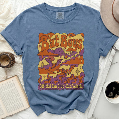 Blue t-shirt with "Bat Boys Official Fan Club Est. Velaris" text and bats.