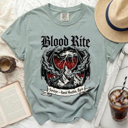 T-shirt with "Blood Rite" and "Survivor - Ramiel Mountain, Illyria" graphic.