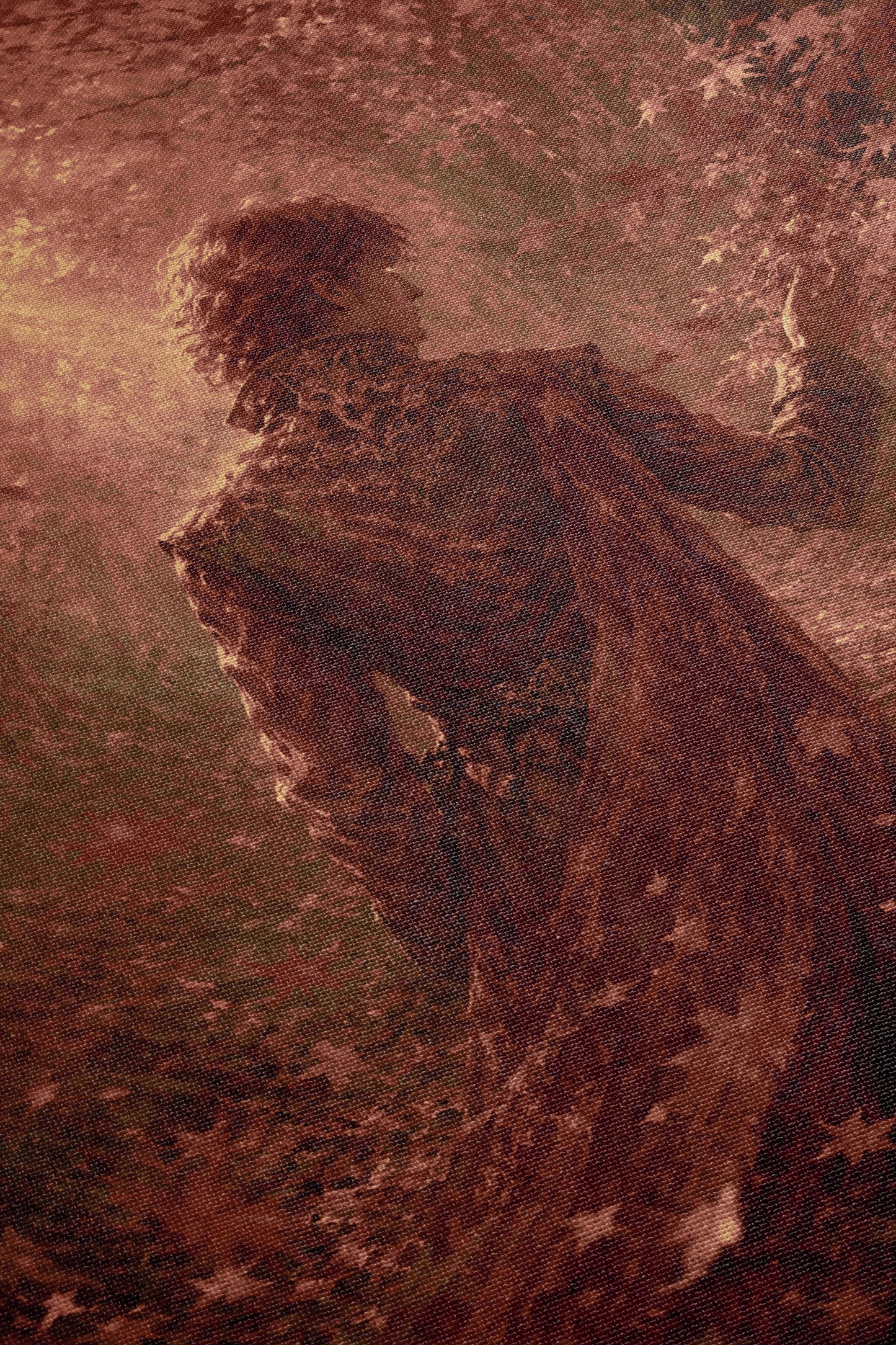 a person in a flowing, dark-colored dress standing in a forested area, with a sense of movement and dynamism.