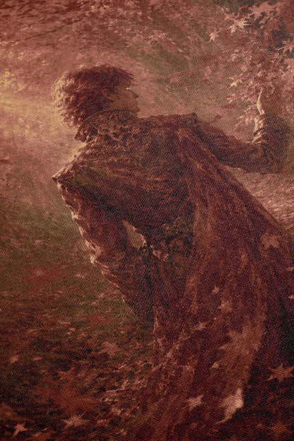 a person in a flowing, dark-colored dress standing in a forested area, with a sense of movement and dynamism.