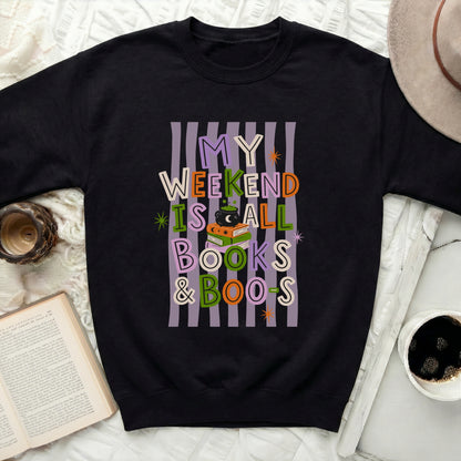 Black sweatshirt with "My Weekend Is All Books & Boos" Halloween graphic.