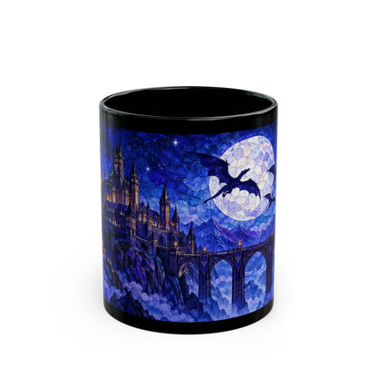 A black ceramic mug featuring a stained-glass style illustration of a castle, bridge, and dragons under a full moon.