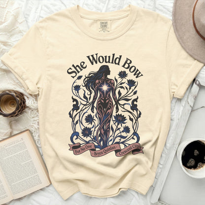 Cream t-shirt with "She Would Bow" and "For No One Bryce Quinlan Crescent City" text and a woman graphic.