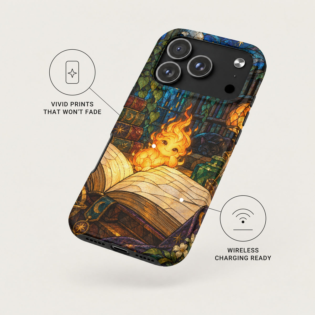 A smartphone case featuring a stained glass style illustration of a fire sprite on an open book, with feature callouts.